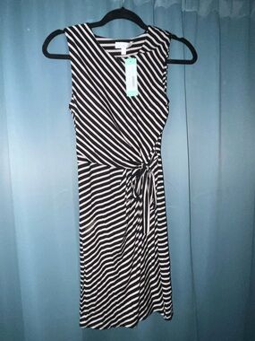 Striped Wrap-Style Sleeveless Dress in Black and White